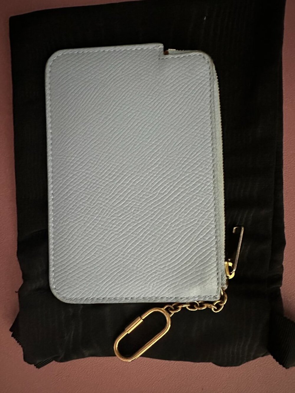 CELINE Light Blue Grained Calfskin Zip Card and Coin Pouch with hook - Picture 3 of 6